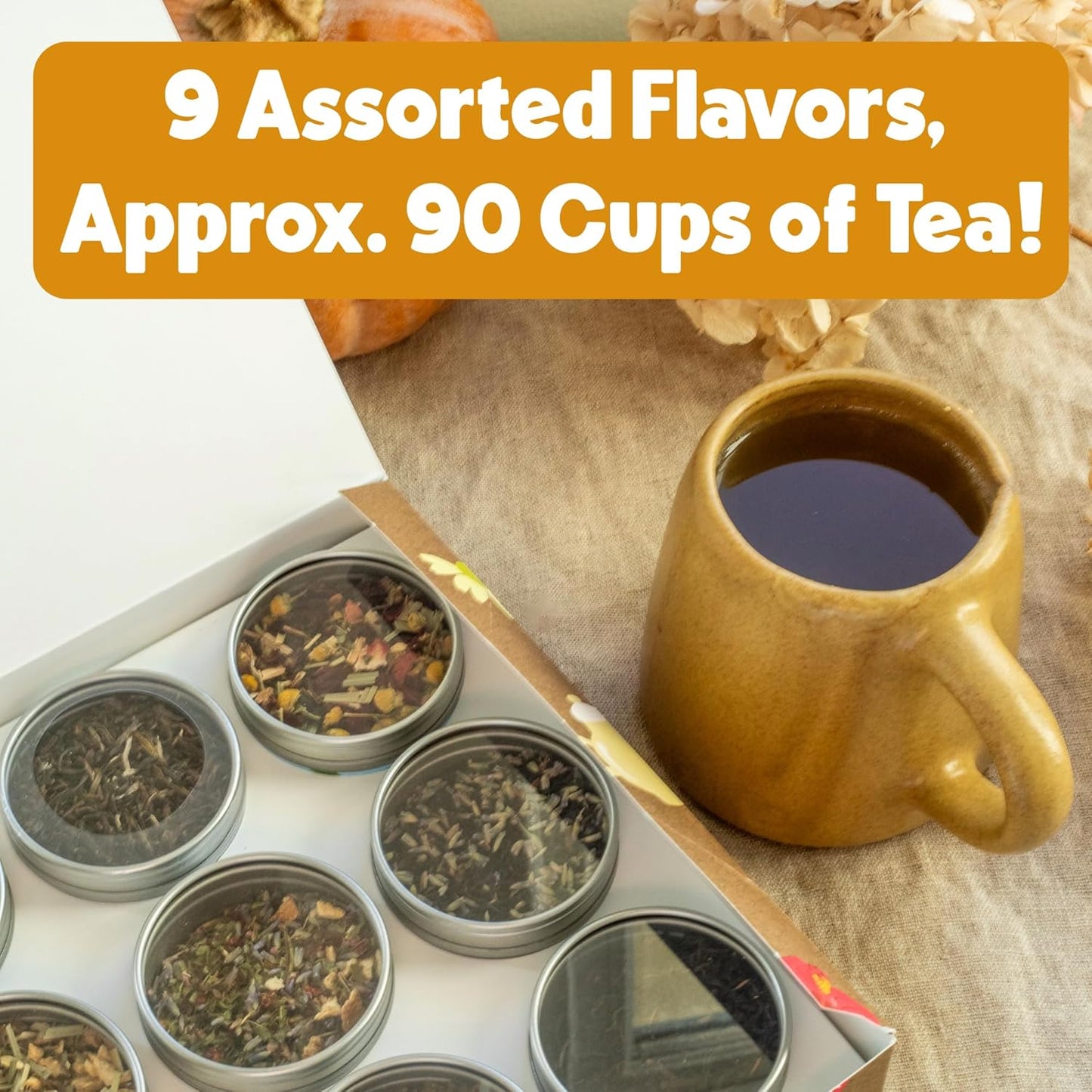 Heavenly Tea Leaves Organic Assorted 9 Loose Leaf Tea Gift Box (Approx. 90 Cups of Tea) - Sampler Set of 9 Teas & Herbal Tisanes, Great Hot or Iced, High to No Caffeine