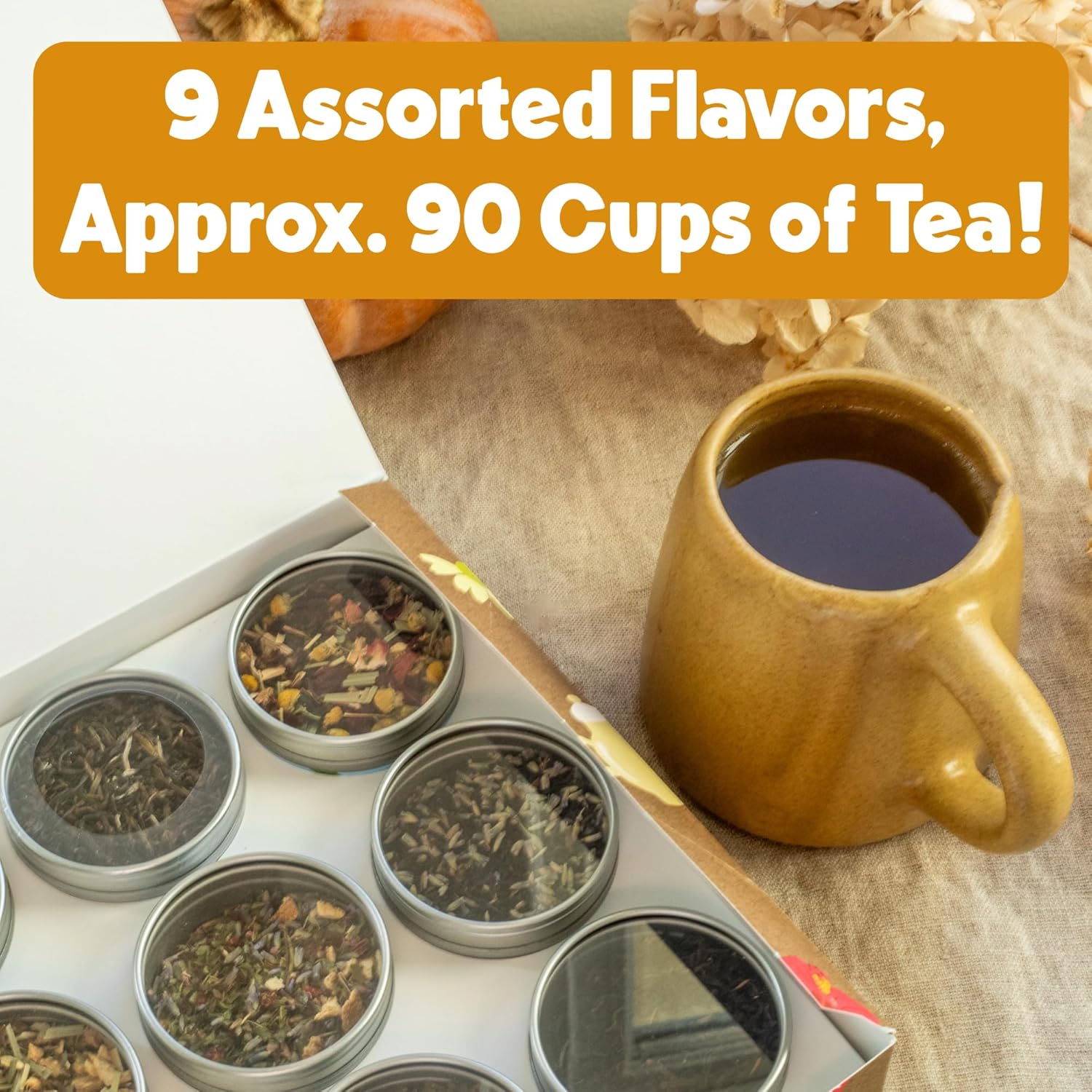 Heavenly Tea Leaves Organic Assorted 9 Loose Leaf Tea Gift Box (Approx. 90 Cups of Tea) - Sampler Set of 9 Teas & Herbal Tisanes, Great Hot or Iced, High to No Caffeine