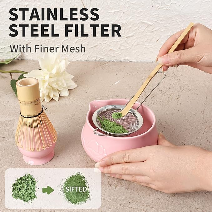 Matcha Whisk Set with Bowl, 8 Pcs Matcha Kit with Ceramic Holder, Scoop Holder, Sifter, Tea Towel, Greeting Card, Bamboo Whisk and Scoop