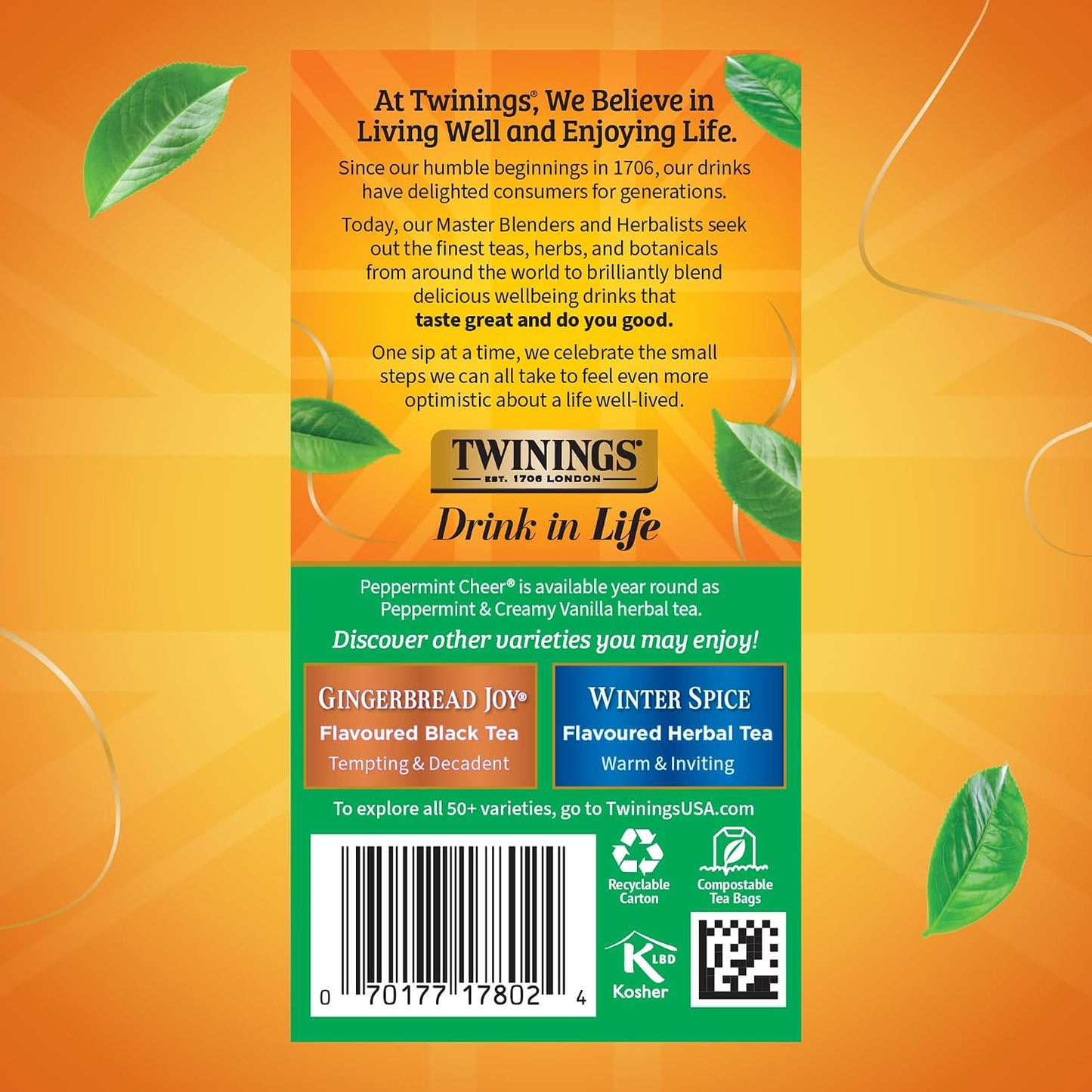 Twinings Peppermint Cheer Holiday Herbal Tea Bags, 20 CT Box (6 Pack) | Seasonal Peppermint &amp; Creamy Vanilla, Naturally Caffeine-Free, 120 Foil Lined Individually Wrapped Bags, Enjoy Hot or Iced