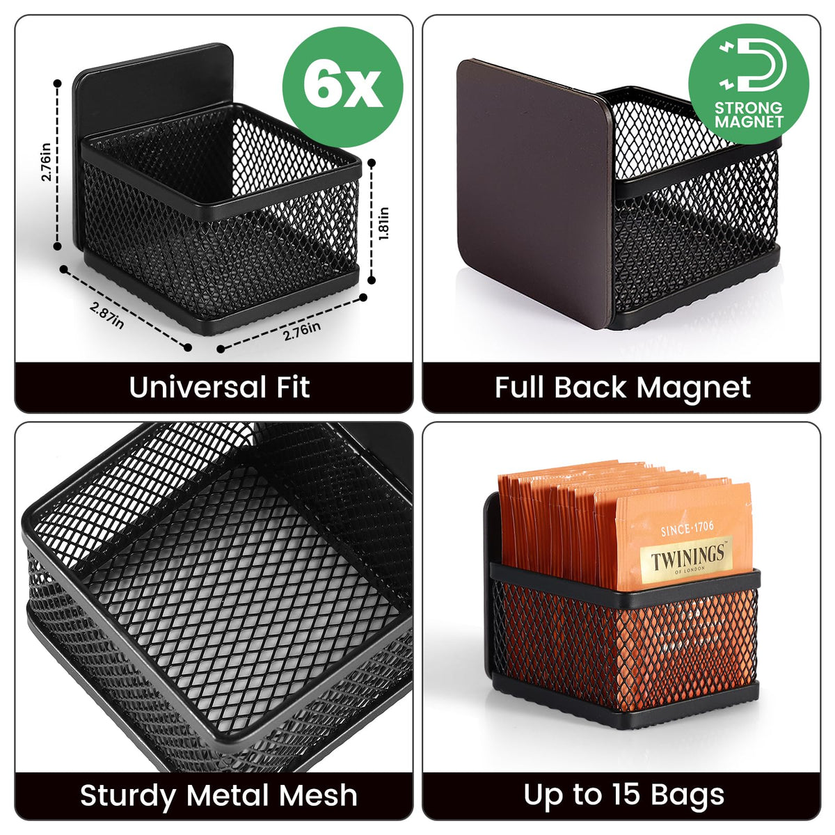 JUNLYNEST Magnetic Tea Bag Organizer - 6-Piece Metal Tea Organizer for Refrigerator, Kitchen Shelf and Counter, Stylish &