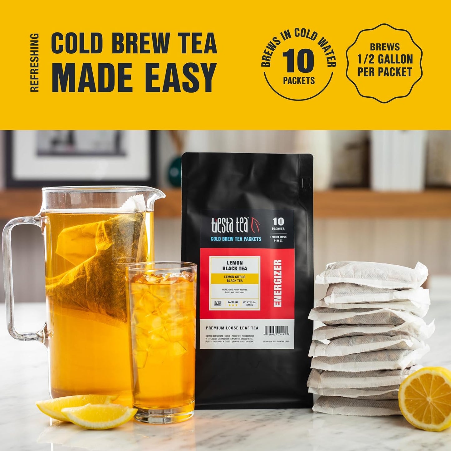 Tiesta Tea - Lemon Black Cold Brew, Loose Leaf, Lemon Citrus Black Tea | Premium High Caffeinated Blend, Cold Brew Packets, Makes 64 oz of Pitcher Per Bag (Pack of 10)