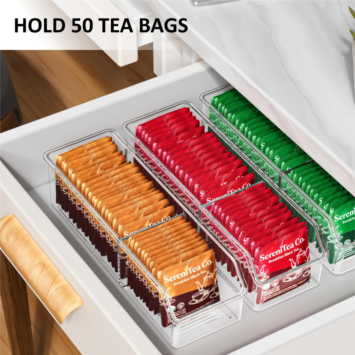 FUCDTEFC Tea Bag Organizer, Tea Bag Holder Box Storage Bin, Clear Tea Packet Plastic Drawer, Sugar Packet, Coffee, Condiment