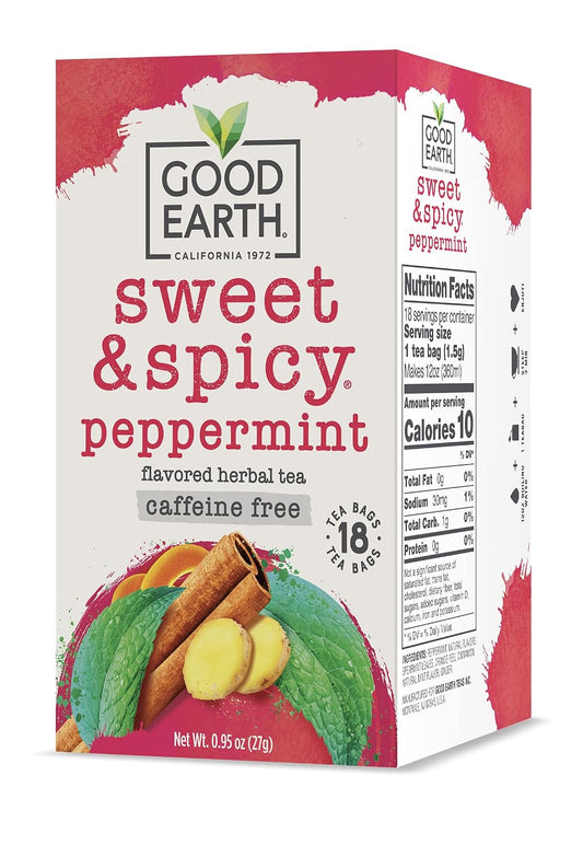 Good Earth Tea, Sweet &amp; Spicy Peppermint Herbal Tea, 18 Count, Pack of 6, Hot or Iced, Iconic Sweet &amp; Spicy with Cool Peppermint