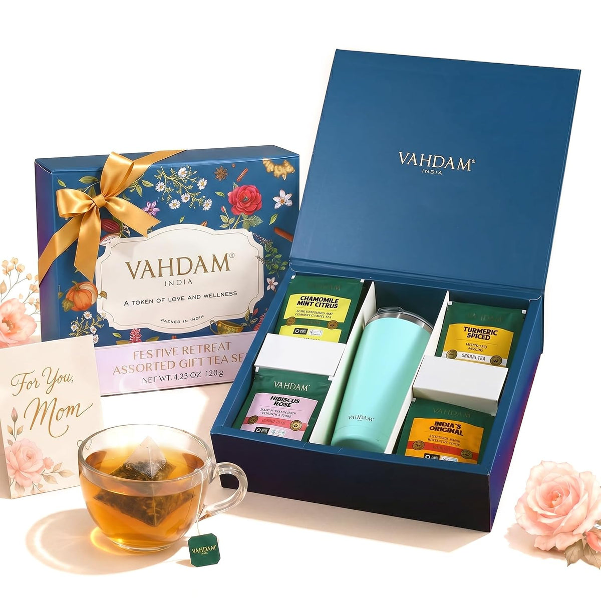 VAHDAM Assorted Tea Gift Set for Mom with Cruise Tumbler (4 Varieties