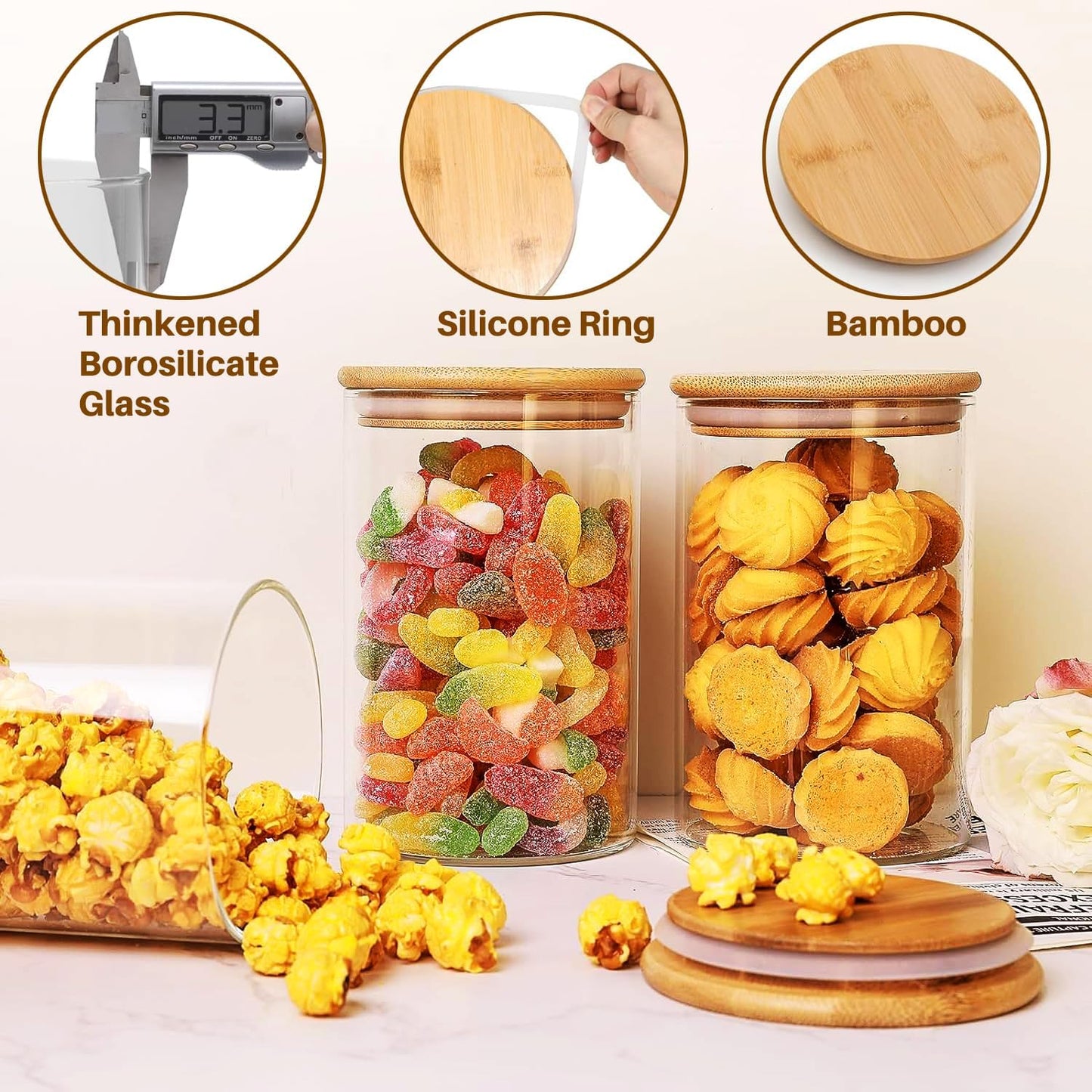Glass Food Storage Jars with Airtight Lids, Clear Glass Jar with Bamboo Lid, Airtight Food Canister for Tea, Candy, Coffee, Sugar, Cookie, Snack. (Round | 5+6 Inch | 33+17 oz)