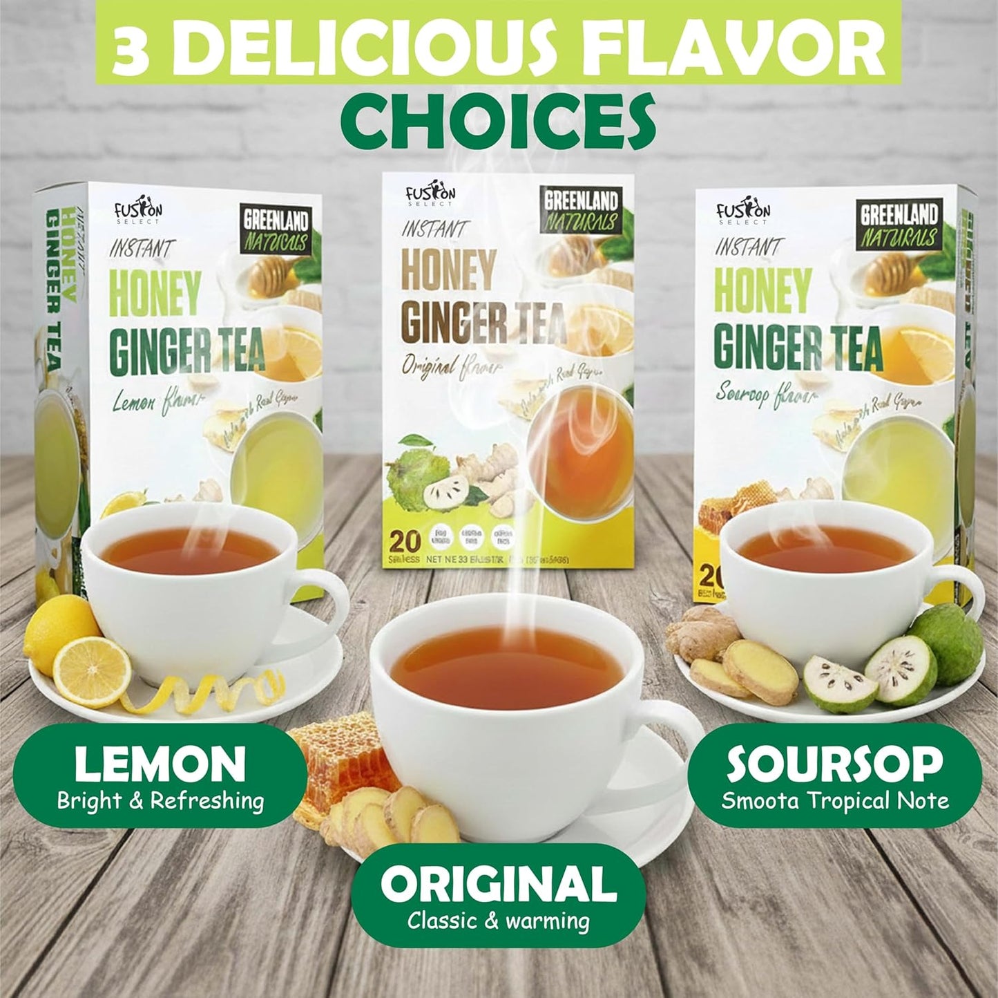 Fusion Select 20 Sachets Original Ginger Honey Crystals Packets - Crystallized Ginger Tea with Honey - Easy-to-Prepare Instant Drink Mix - Natural Ingredients with No Caffeine