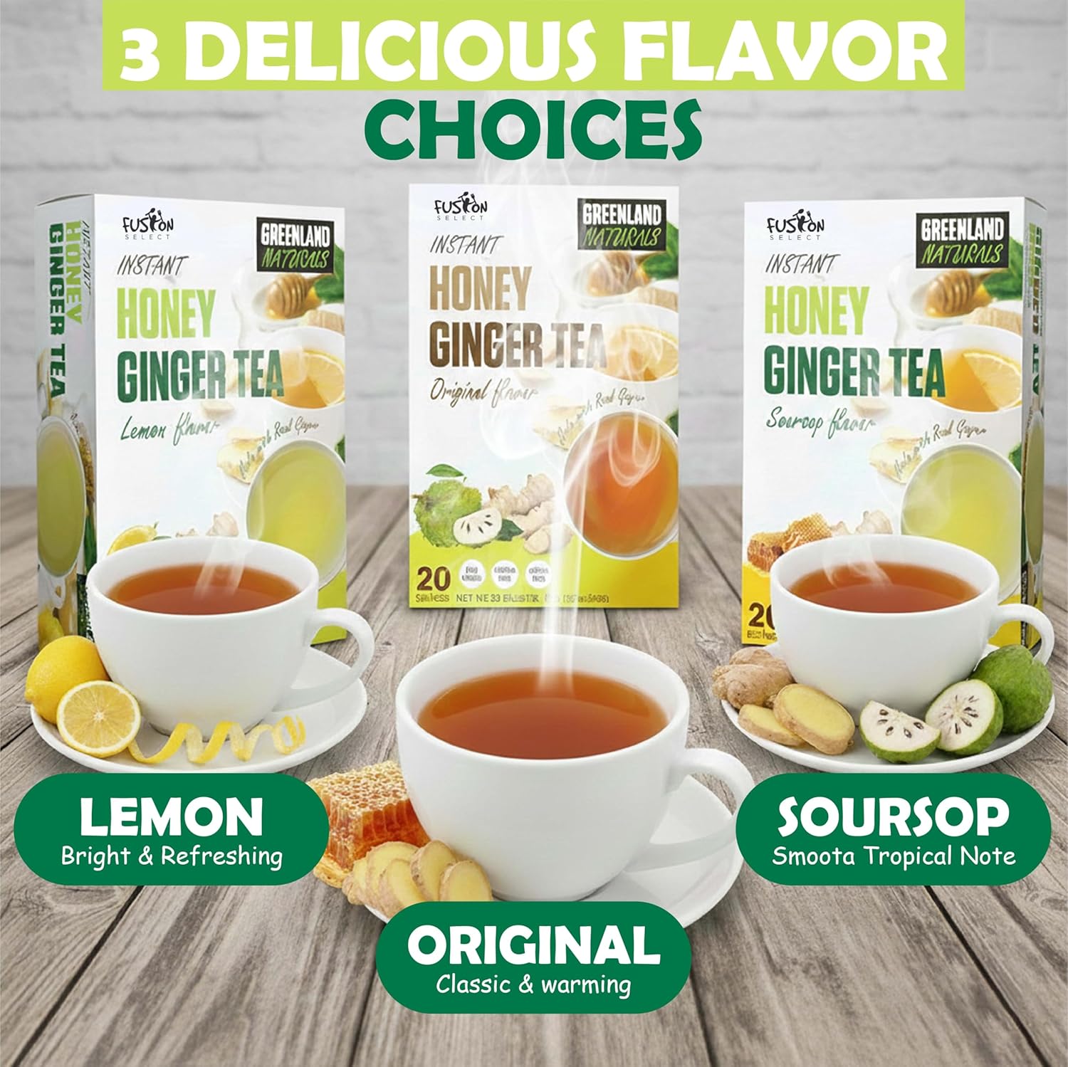 Fusion Select 20 Sachets Original Ginger Honey Crystals Packets - Crystallized Ginger Tea with Honey - Easy-to-Prepare Instant Drink Mix - Natural Ingredients with No Caffeine