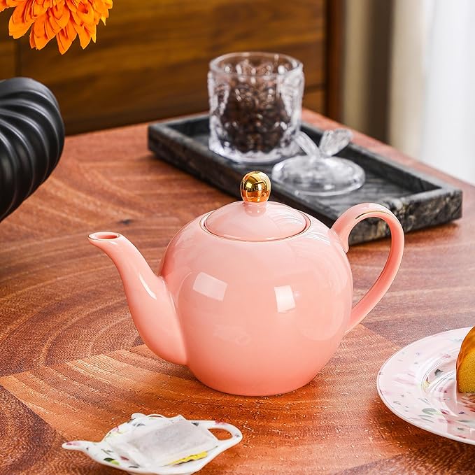 30oz Pink Porcelain Teapot, Blush Ceramic Teapot with Gold Trim, Romantic Teapot for Loose Leaf Tea, Tea Parties Gifts