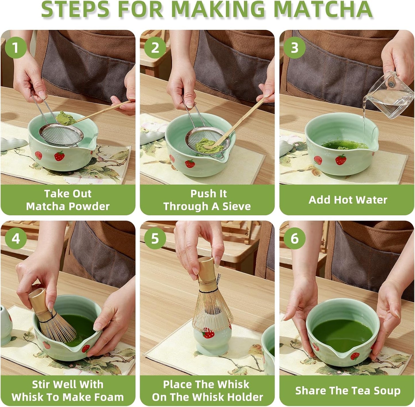 Koythin 7-Piece Blue-Green Strawberry Matcha Ceramic Tool Set | Full Matcha Preparation Set, Multi-Piece Matching Decor; Perfect Tea Lover Gift
