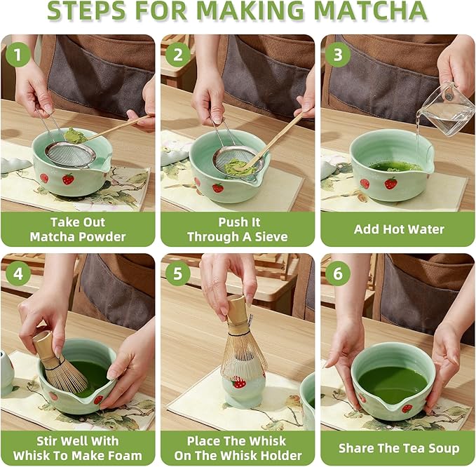 Koythin 7-Piece Ceramic Matcha Whisk Set, Adorable Strawberry Bowls Set with Whisk Holder Scoop Towel, Aesthetic Matcha Bowl Set for Ceremony (Pink)