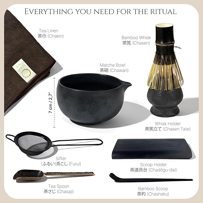 ZENSO Premium Matcha Whisk Set – 8 Piece Japanese Matcha Tea Ceremony Kit | Handmade Ceramics - Matcha Bowl, Purple Bamboo Whisk, Whisk Holder, Sifter, Scoop & Scoop Holder, Tea Cloth, Tea Spoon