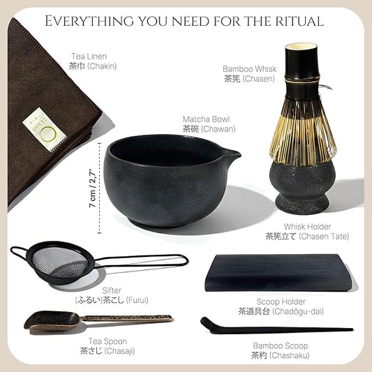 ZENSO Premium Matcha Whisk Set – 8 Piece Japanese Matcha Tea Ceremony Kit | Handmade Ceramics - Matcha Bowl, Purple Bamboo Whisk, Whisk Holder, Sifter, Scoop & Scoop Holder, Tea Cloth, Tea Spoon