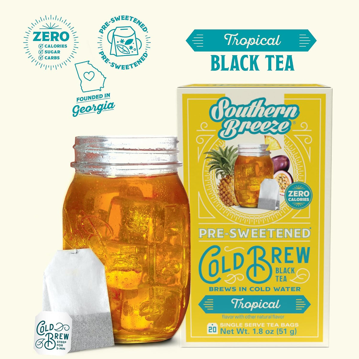 Southern Breeze Cold Brew Sweet Tea Tropical Iced Tea 20 Tea Bags, 4 Pack