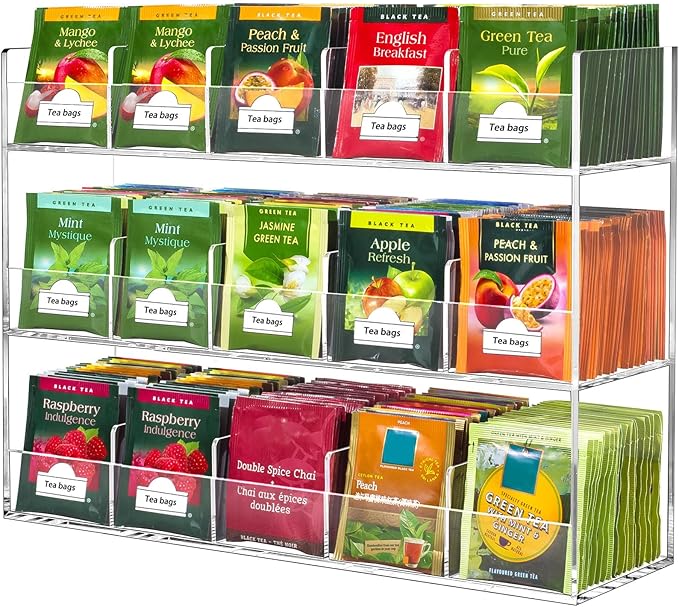 Beygorm Acrylic Tea Bag Organizer for 270 Tea Packets, No Assembly Required Display Holder for Countertop, Vertical Tea Bag Caddy for Cabinet