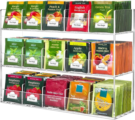 Beygorm Acrylic Tea Bag Organizer for 270 Tea Packets, No Assembly Required Display Holder for Countertop, Vertical Tea Bag Caddy for Cabinet