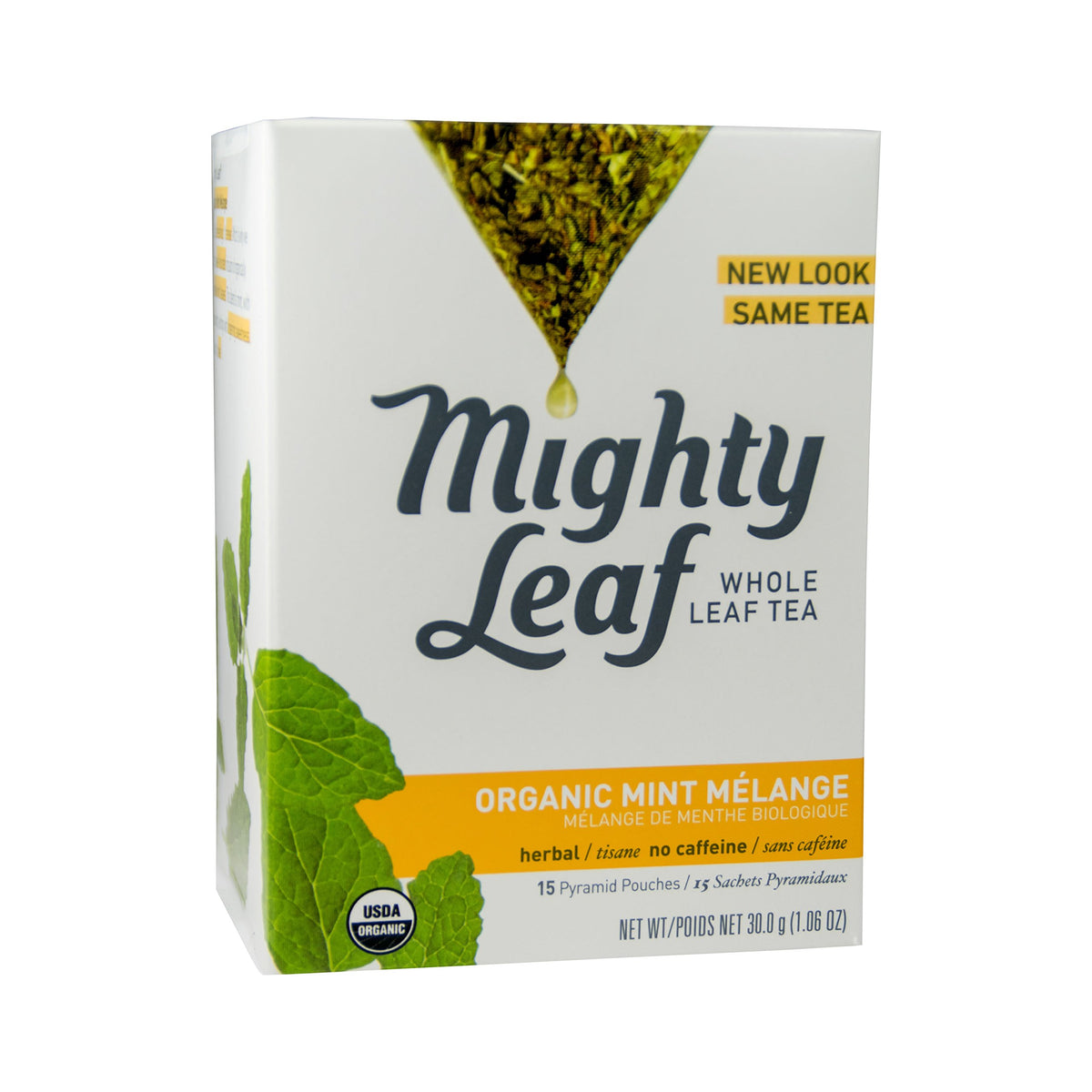 Mighty Leaf Whole Leaf Tea, Organic Mint Melange, 15 Tea Bags Individual Pyramid-Style Tea Sachets of Uncaffeinated Organic
