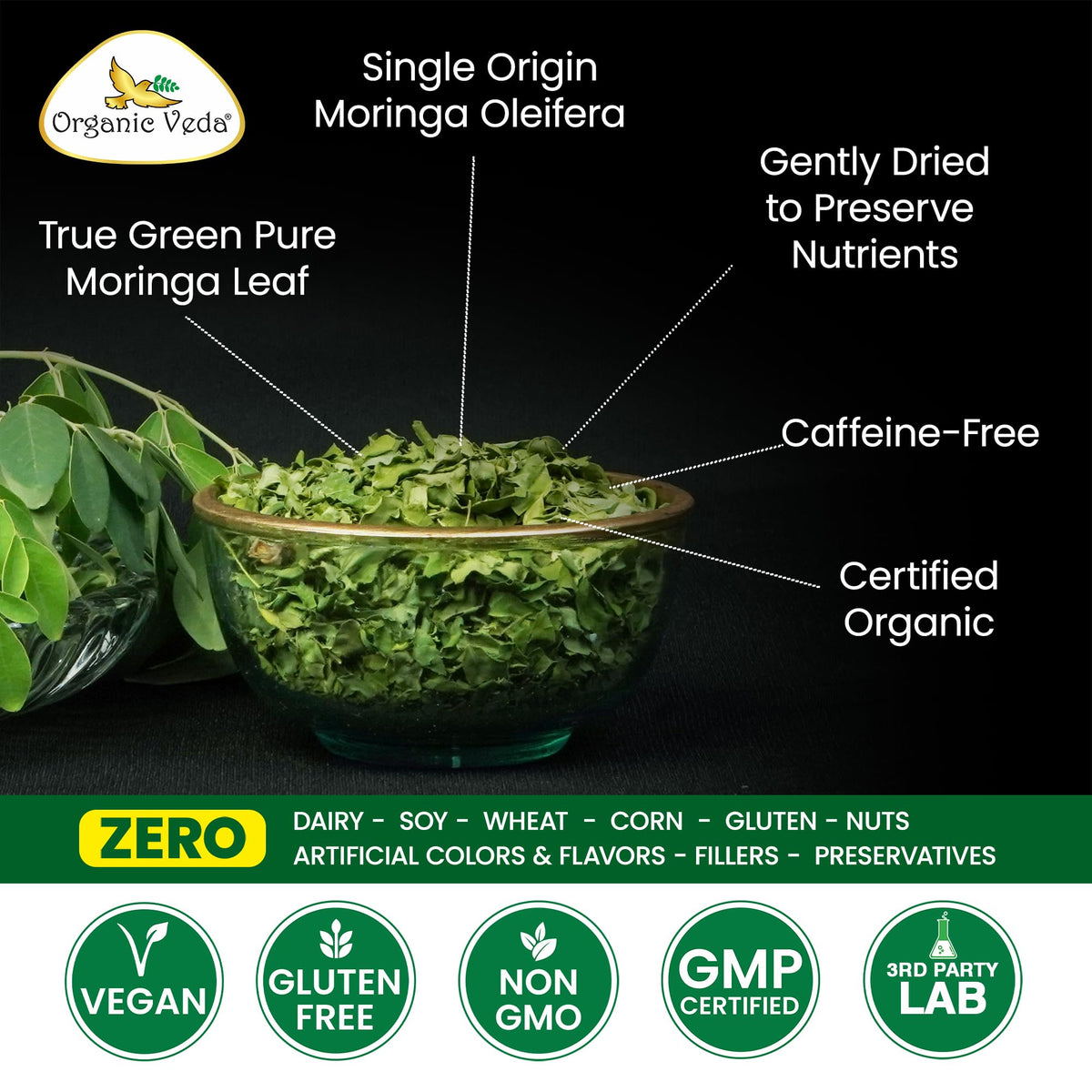 Organic Veda Moringa Tea Leaves - True Green Rich, Premium Single Origin,100% Organic Moringa Oleifera Loose Leaf Tea