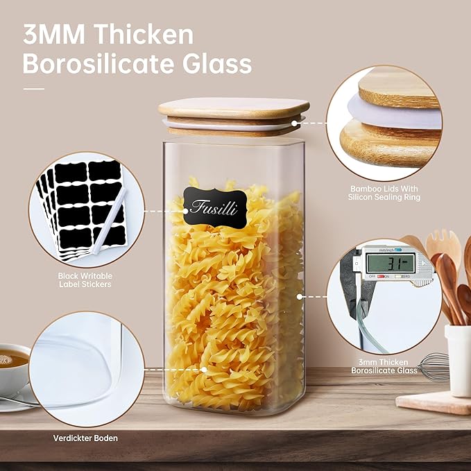 27oz - 4 Pack Square Glass Jars with Bamboo Lids, Glass Food Storage Containers with Airtight Lids for Kitchen