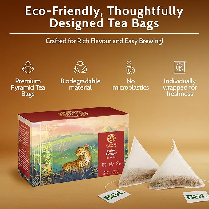 Blooms & Leopard Premium Herbal Tea Bags – Feline Blossom Blend with Hibiscus, Licorice, Fennel, Tulsi & Shatavari – Caffeine-Free Tea