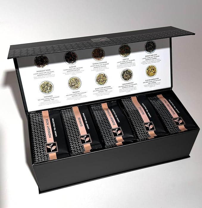 Pure And Easy Tea, Premium Loose Leaf Tea Sampler Set, 30-Count Variety Pack with 10 Herbal & Caffeinated Flavors, Natural Wellness & Luxury Tea in Designer Gift Box, 150g