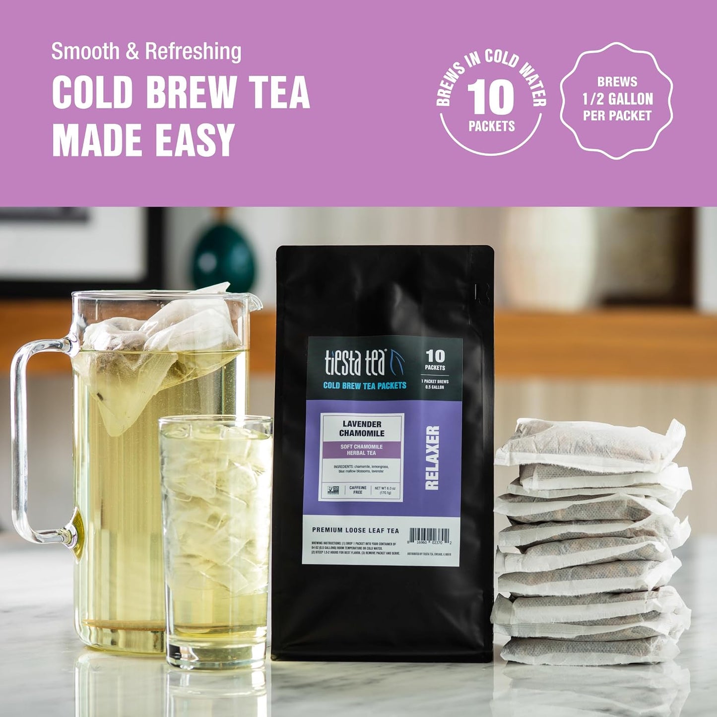 Tiesta Tea - Lavender Chamomile Cold Brew, Loose Leaf | Soft Chamomile Herbal Tea, Non-Caffeinated Iced Blend, Cold Brew Packets, Makes 64oz of Pitcher Per Bag (Pack of 10)