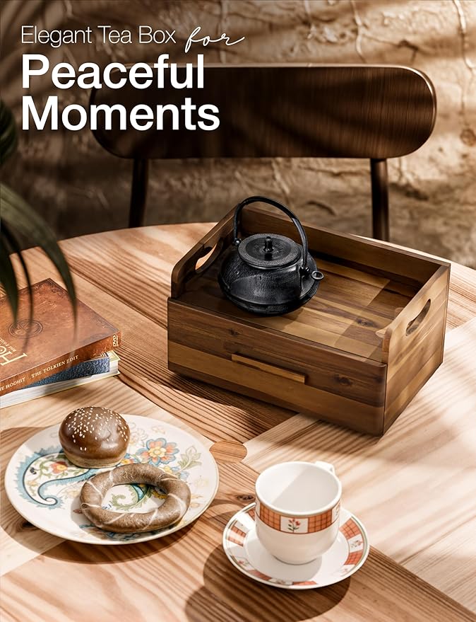 Tinamo Acacia Wooden Tea Box Organizer with Drawer – Tea Chest for Tea Bags Storage – Tea and Coffee Organizer - Wooden Tea Tray and Containers for Countertop Display (Walnut)