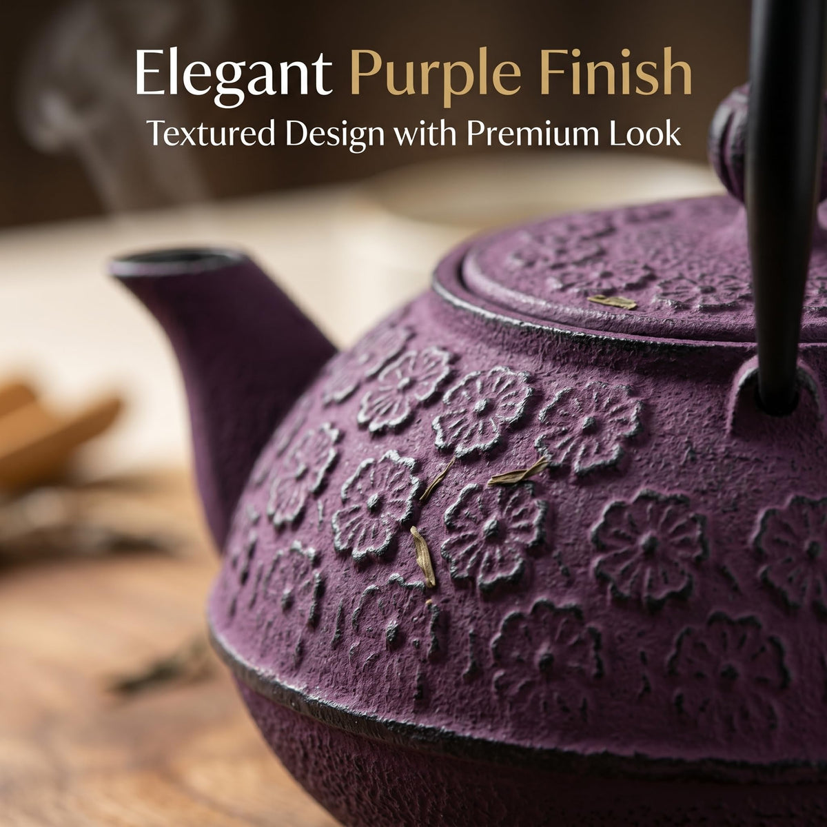 A Ting 30 oz Cast Iron Teapot Enamel Lining W/Metal Infuser Tea Kettle, Purple