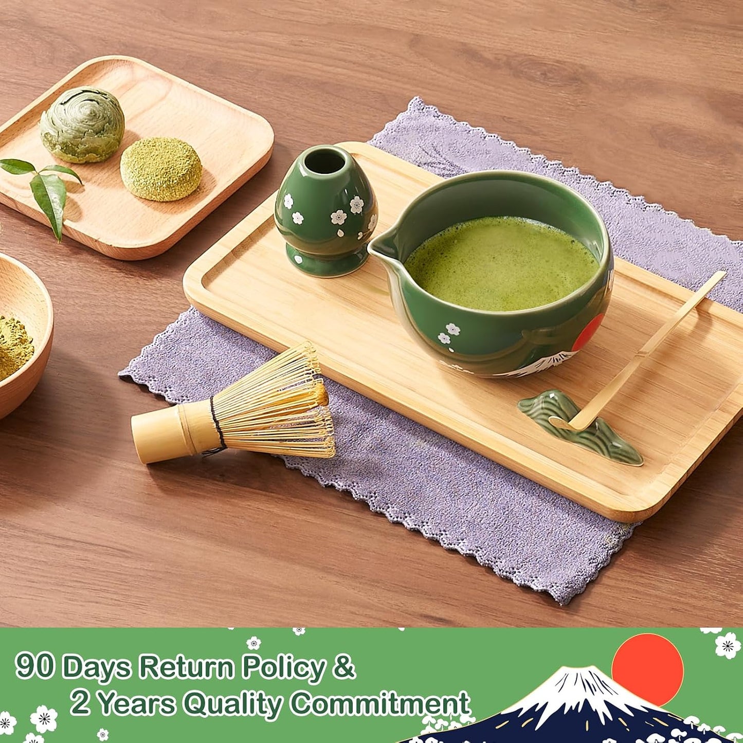 DUJUST Japanese Matcha Whisk Set, Unique Design of Mount Fuji, Sakura &amp; Dawn, Cute Ceramic Matcha Set, One of A Kind Gift for Matcha Lovers - 7 pcs of Japanese Serenity