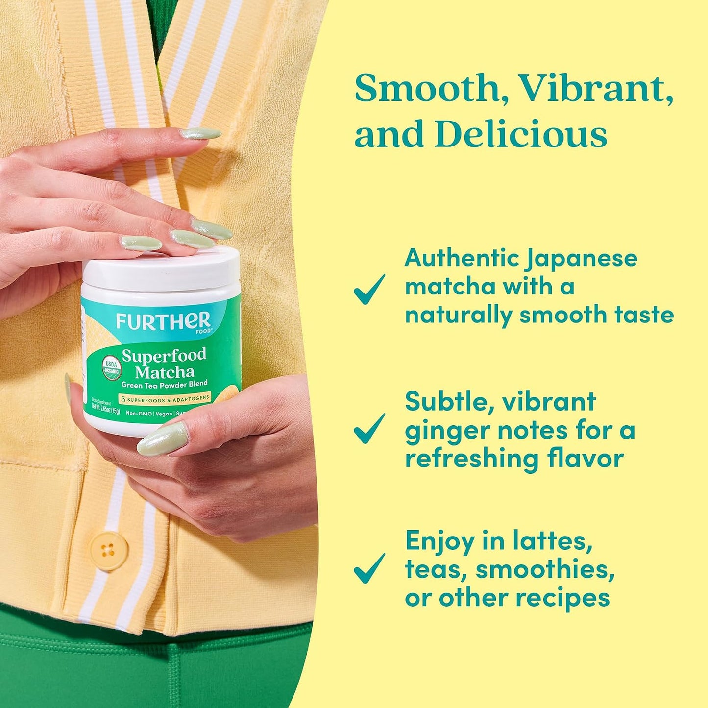 Further Food Superfood Matcha Powder, USDA Organic Japanese Matcha | With Ashwagandha, Ginger, Wheatgrass &amp; Cordyceps, Brain Boosting Energy &amp; Detox Tea, 2.65 Oz