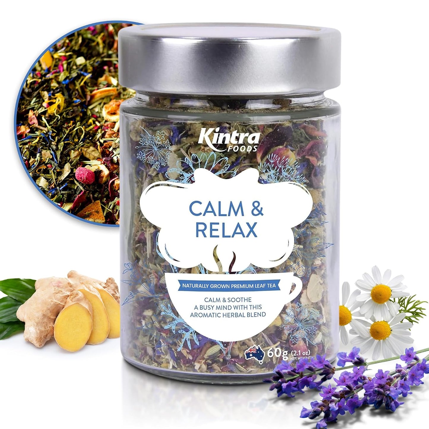 Kintra Foods Calm &amp; Relax Loose Leaf | Herbal Blend With Chamomile, Lavender and Passionflower | Soothing Tea | Caffeine-Free Calming Tea | 60g Jar for Ultimate Relaxation