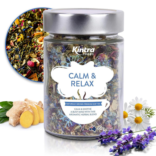 Kintra Foods Calm &amp; Relax Loose Leaf | Herbal Blend With Chamomile, Lavender and Passionflower | Soothing Tea | Caffeine-Free Calming Tea | 60g Jar for Ultimate Relaxation