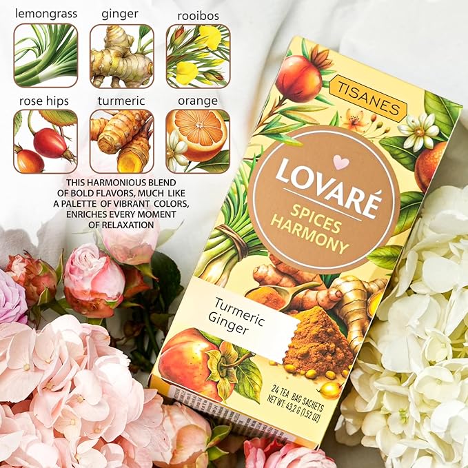 Lovare Spices Harmony Herbal Tea, Caffeine-Free Fruit & Spice Infusion, Turmeric, ginger, 24 Individually Wrapped Bags (1.8 g each)