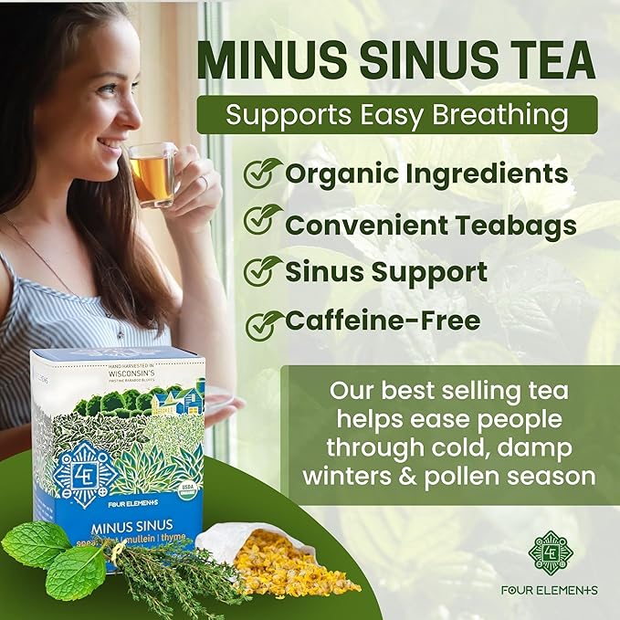 Four Elements Minus Sinus Tea [16 Teabags, 1.2 oz], Organic Spearmint Tea with Mullein & Thyme