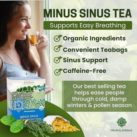 Four Elements Minus Sinus Tea [16 Teabags, 1.2 oz], Organic Spearmint Tea with Mullein & Thyme
