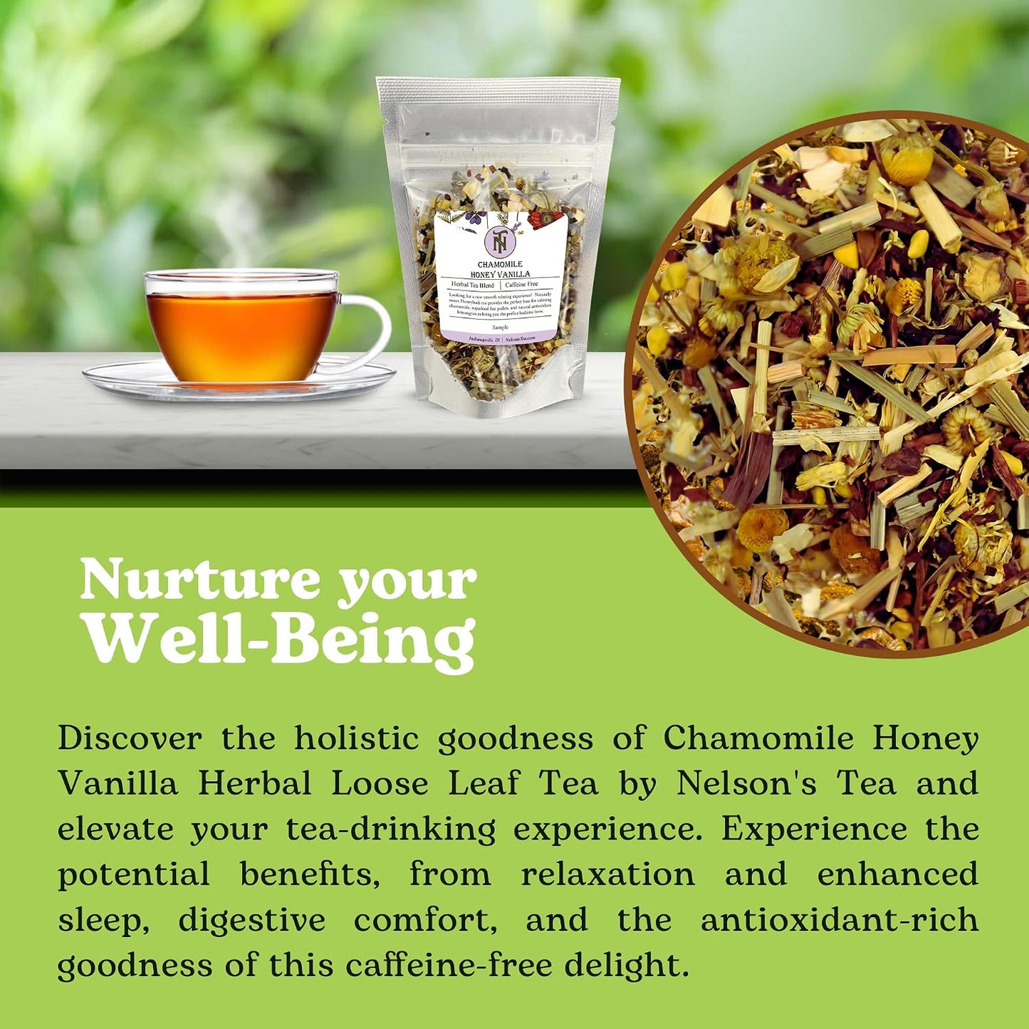 Nelson's Tea Chamomile Honey Vanilla Herbal Loose Leaf Tea, Sample 0.3 oz | Sleep • Relaxation Tea • Caffeine Free • Chamomile • Vanilla • Loose Leaf Tea • Herbal