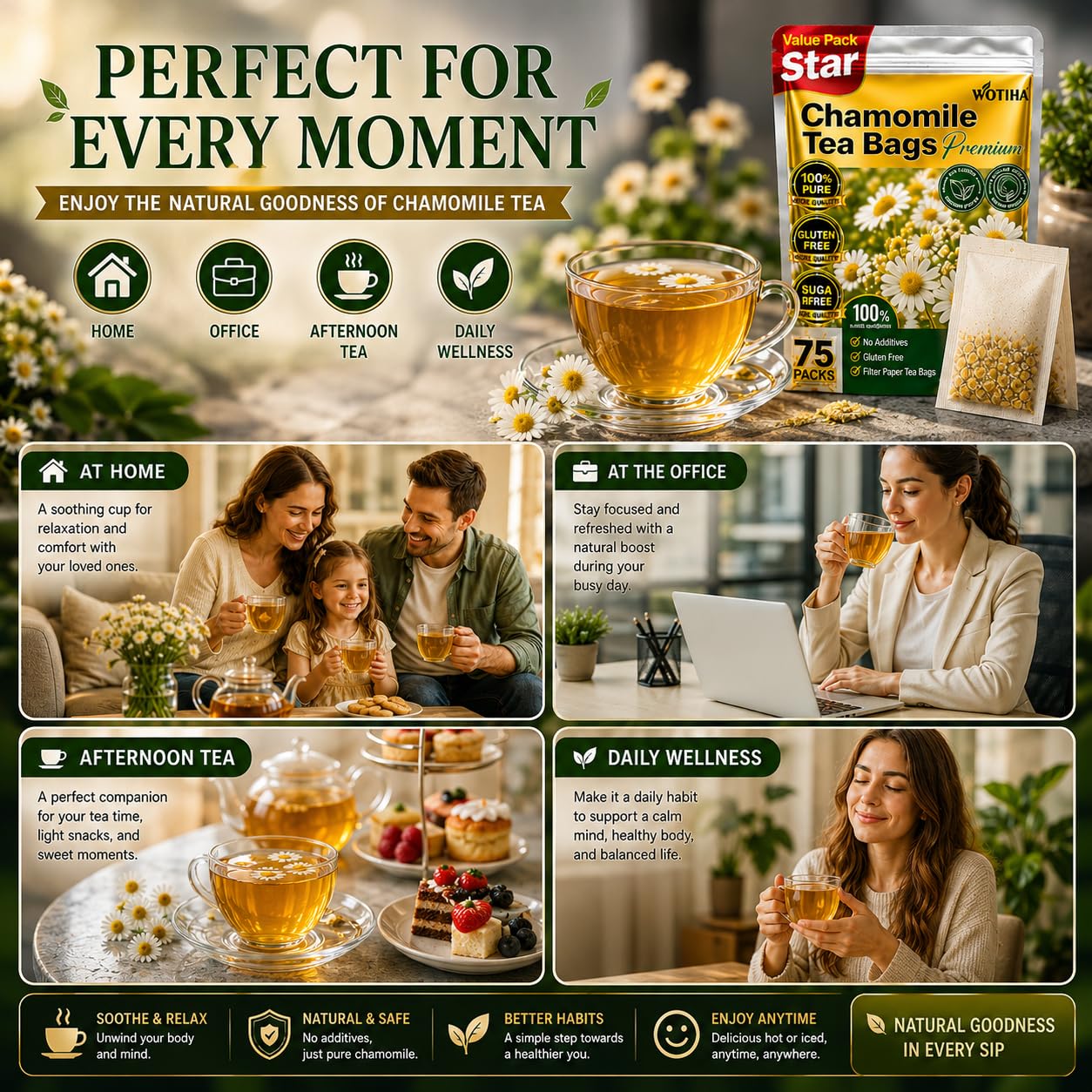 WOTIHA Chamomile Tea Bags, Pure Chamomile Flowers, Caffeine-Free, 75 Count | Chamomile flower herbal tea for evening and bedtime routines; caffeine-free, sugar-free, additive-free, vegan and Non-GMO.