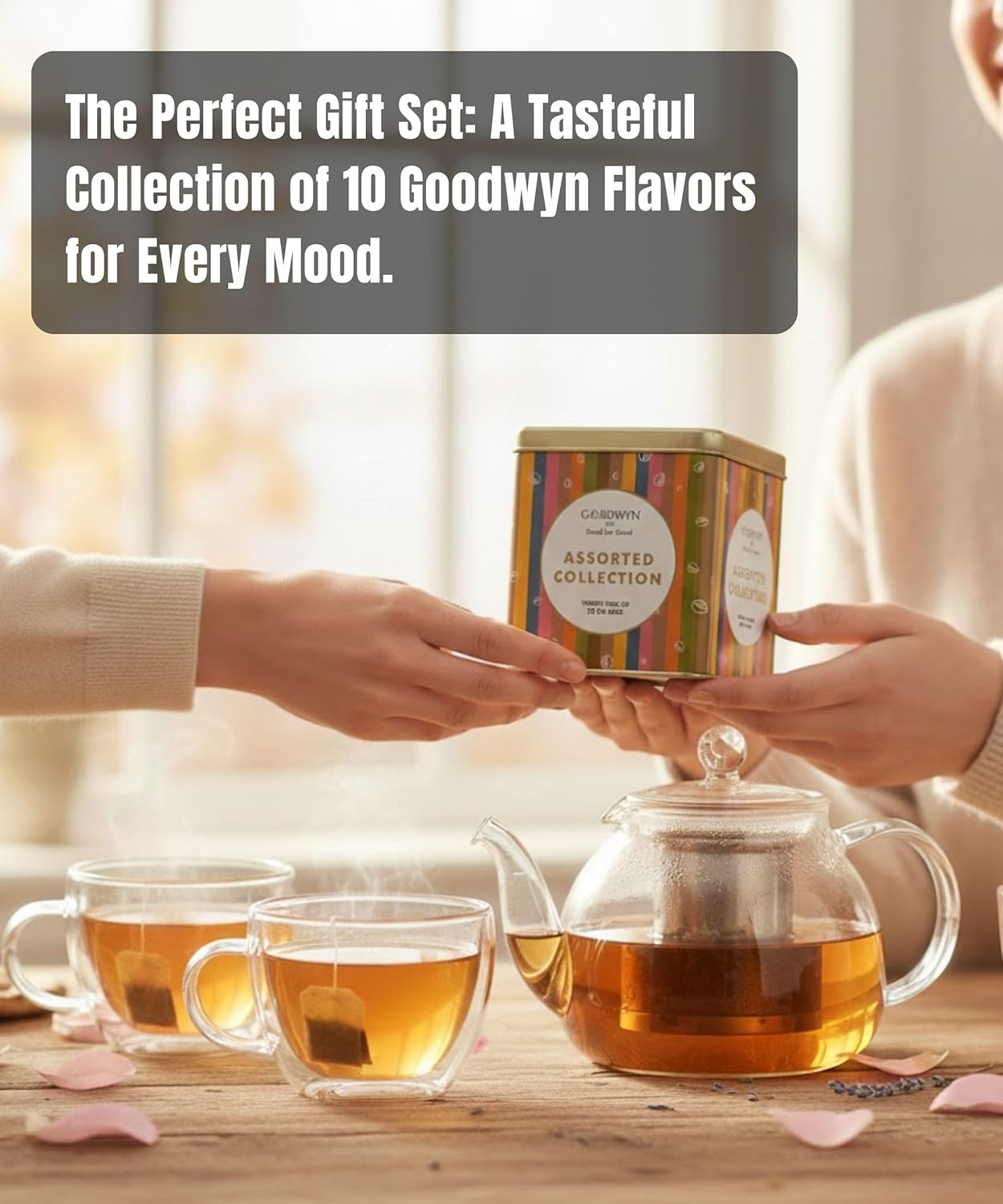 Goodwyn Assorted Tea Sampler Box – 20 Individually Wrapped Tea Bags | Premium Herbal, Black & Green Tea Collection in Reusable Wooden Chest | 10 Flavors x 2 Each: Tulsi, Kahwa, Turmeric, Assam, Green Tea, Lemon & More | Ideal Gift Set Box