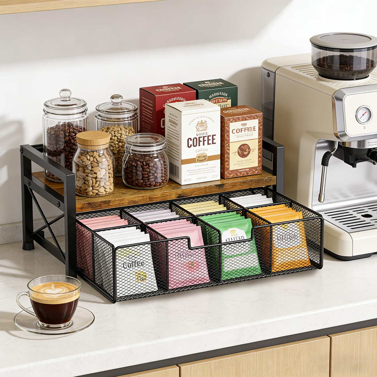 ZssHappy Tea Bag Organizer, Tea Organizers and Storage with 8 Compartments & Drawer, Wooden Metal Tea Bag Holder for
