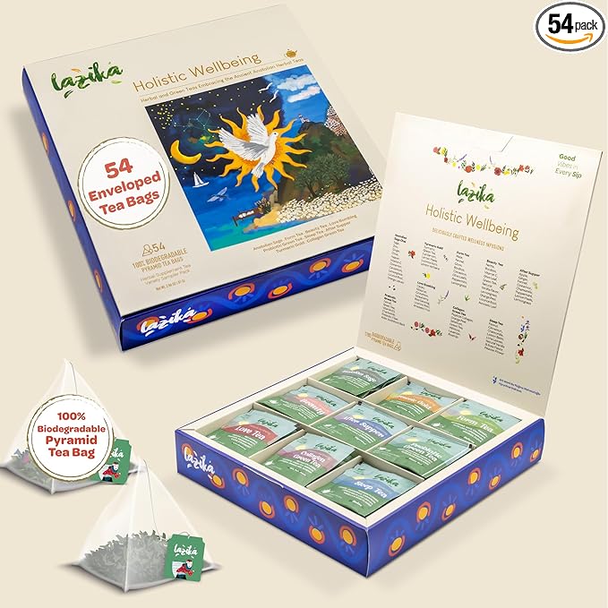 Lazika Herbal Tea Variety Pack with Lovely Presentation Box, 54 Counts, Holistic Wellbeing Tea Assortment Gift Set, Premium Collection with Pyramid Infuser Bag, Handcrafted