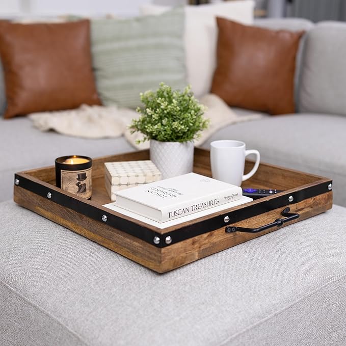 20"x20" Extra Large Square Ottoman Tray, Heavy Duty Mango Wood, for Serving Tea, Breakfast in Bed