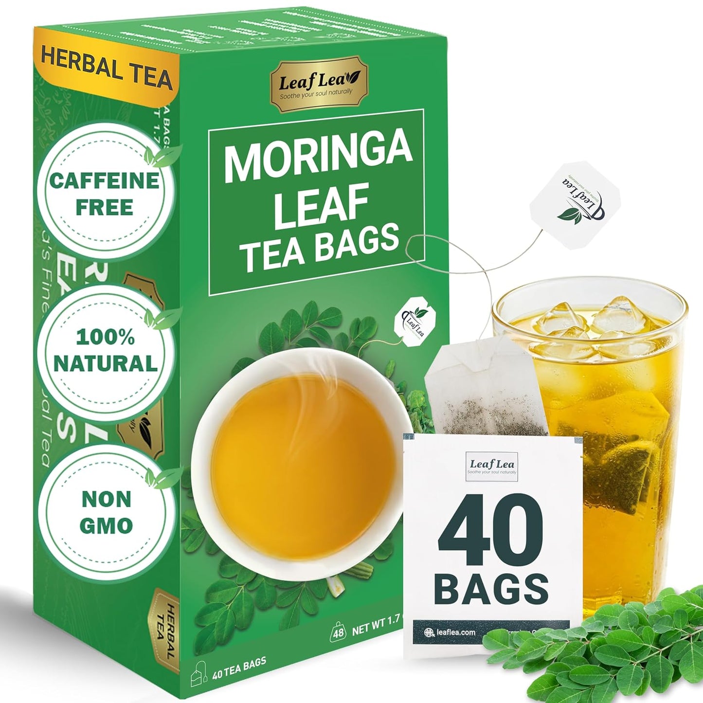 LeafLea Moringa Tea Bags, 100% Pure Moringa Leaf Herbal Tea, 40 Count