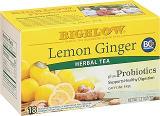 Bigelow Tea Lemon Ginger plus Probiotics Herbal Tea, Caffeine Free Tea with Lemon and Ginger, 18 Count Box (Pack of 6), 108 Total Tea Bags