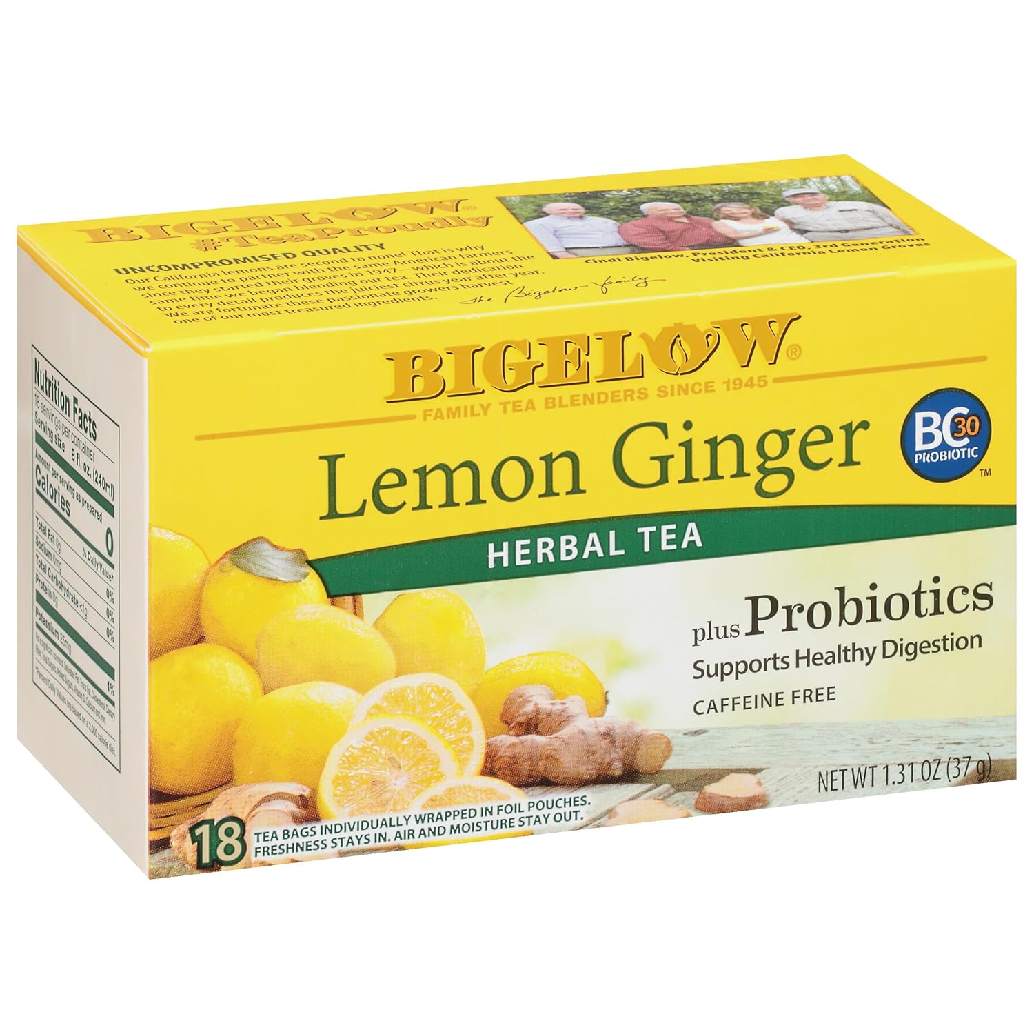 Bigelow Tea Lemon Ginger plus Probiotics Herbal Tea, Caffeine Free Tea with Lemon and Ginger, 18 Count Box (Pack of 6), 108 Total Tea Bags