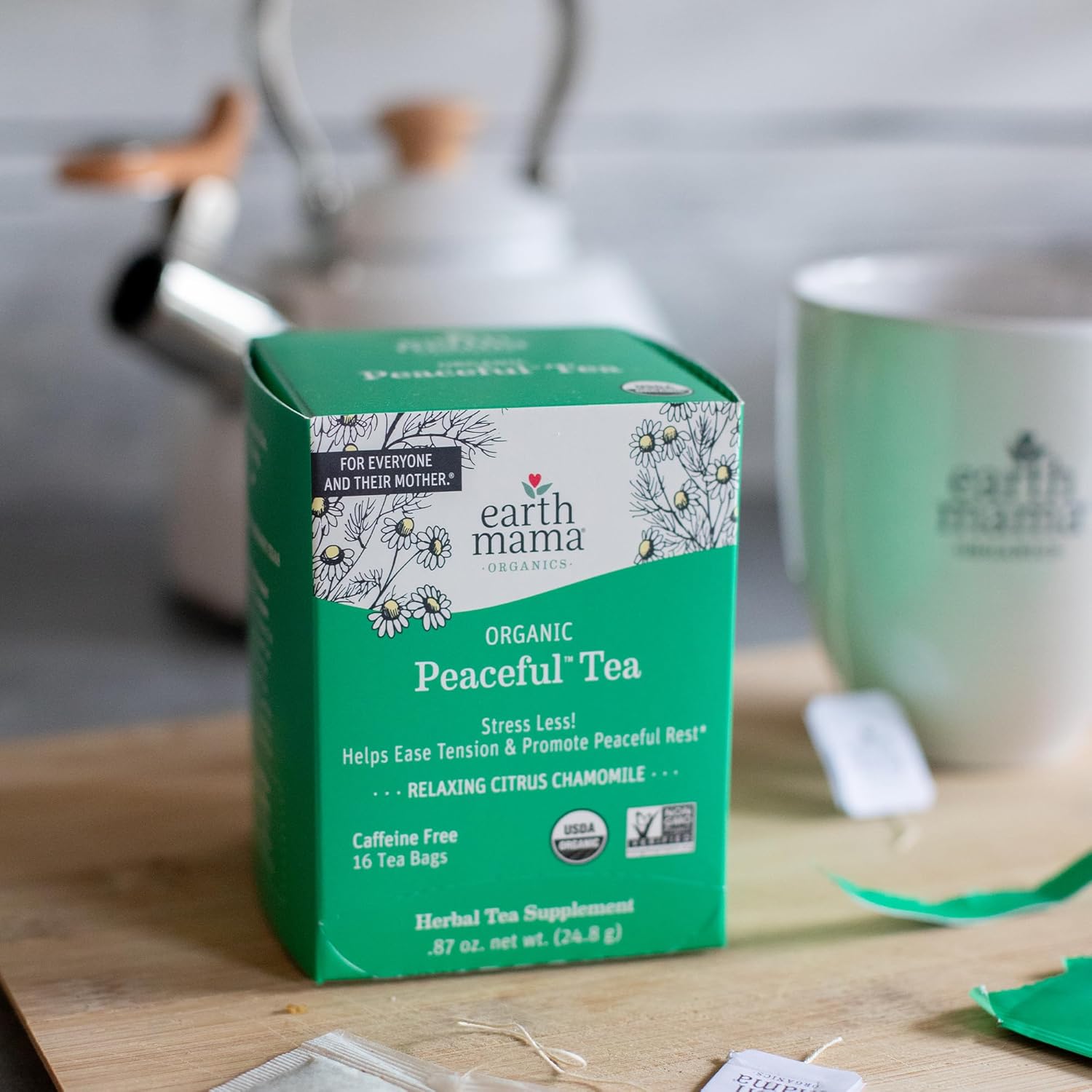 Earth Mama Organic Peaceful™ Tea | Stress Less! Calming, Relaxing Herbal Blend Safe for Pregnancy & Beyond, 16 Teabags Per Box (2-Pack)