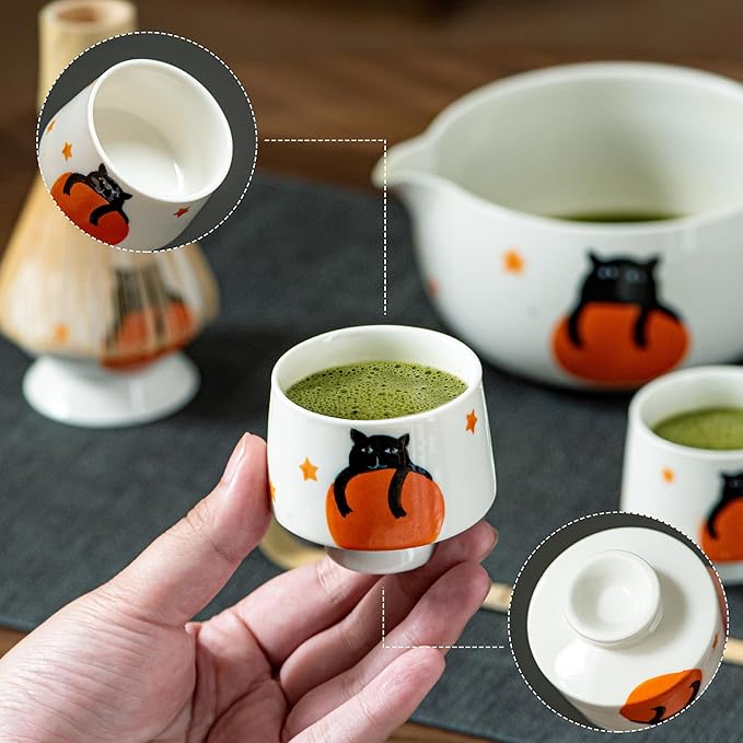 Matcha Set -Cute Cat Matcha Bowl Set with Whisk, Scoop, Whisk Holder & 2 Cups, 6 Pcs Authentic Matcha Tea Ceremony Kit, Great Gift for Tea Lovers