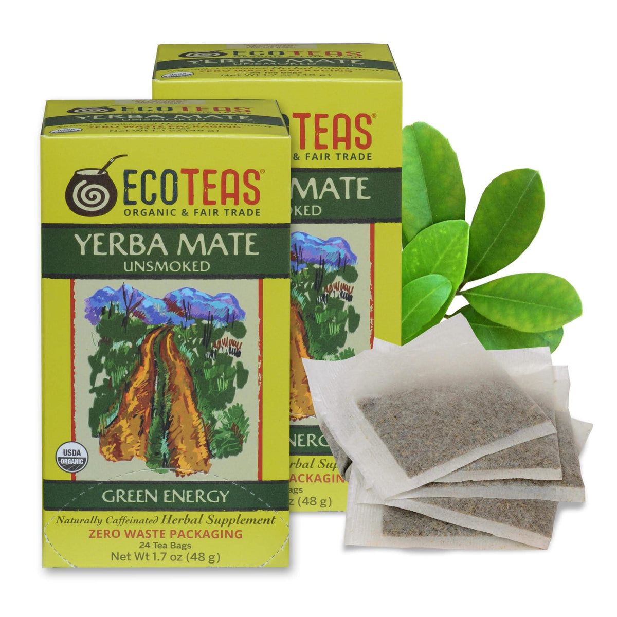 ECOTEAS Organic Yerba Mate Tea Bags Unsmoked 20mg Caffeine 24 Count 2 Pack
