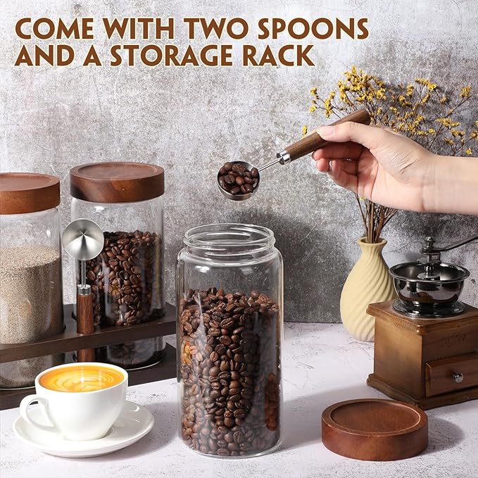 Suclain 3 Pcs Glass Coffee Grounds Container with Shelf 44 oz Glass Coffee Canisters with Airtight Lid and Measuring Spoon Kitchen Food Canister Jars