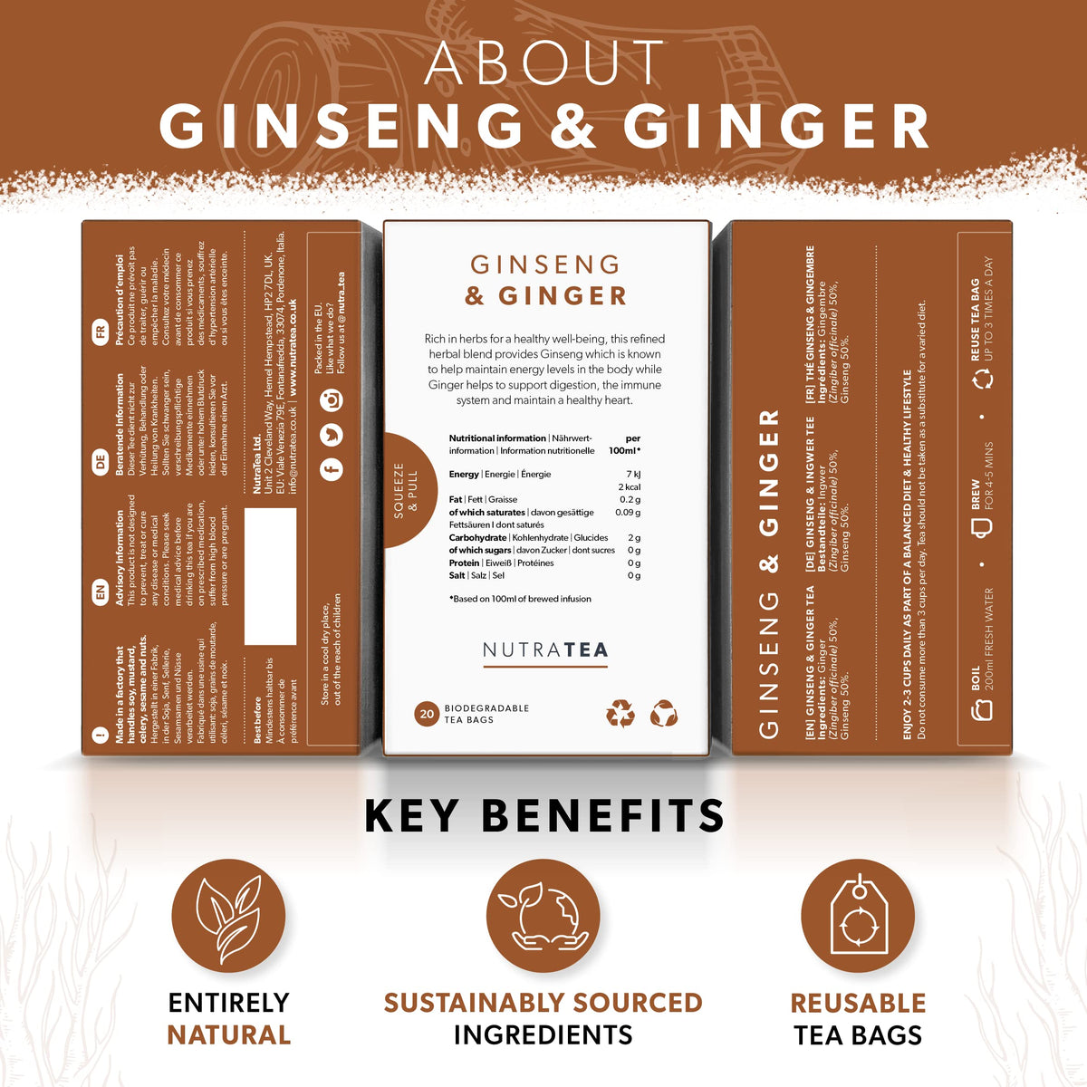 Nutra Tea Ginger & Ginseng Tea | Ginger Tea - 50% Ginger & 50% Ginseng Herbal Infusion - Caffeine Free, Natural Herbal Blend