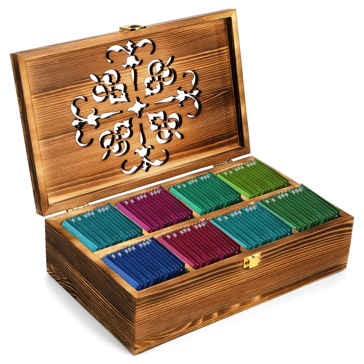 Coloch Wooden Tea Bag Storage Box with Carved Lid, 8-Compartment Tea Chest Organizer Spice Packets Container for Living Room